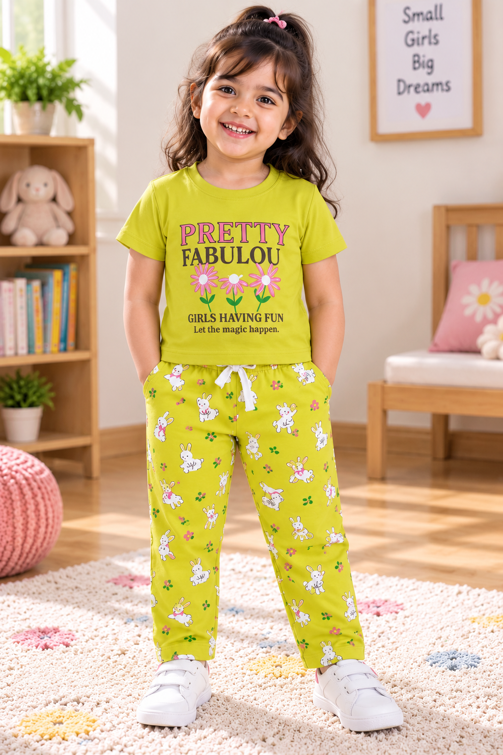 Title
Girls Pretty Fabulous Graphic T-Shirt and Bunny Print 2-Piece Cotton Pyjama Set — Yellow | Yokidz
