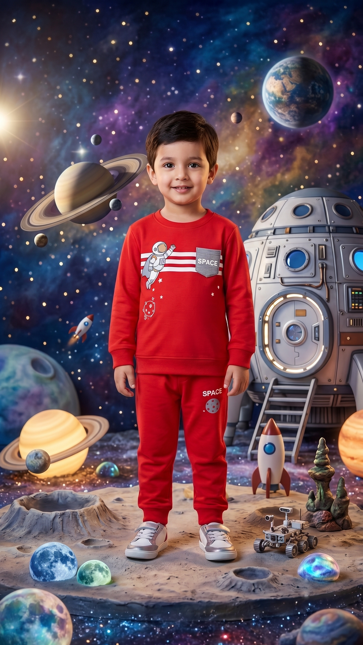Unisex Kids Astronaut Space Chest Stripe Graphic Print Full Sleeve T-Shirt and Pajama Cotton Lounge Set — Crimson Red / White | Yokidz