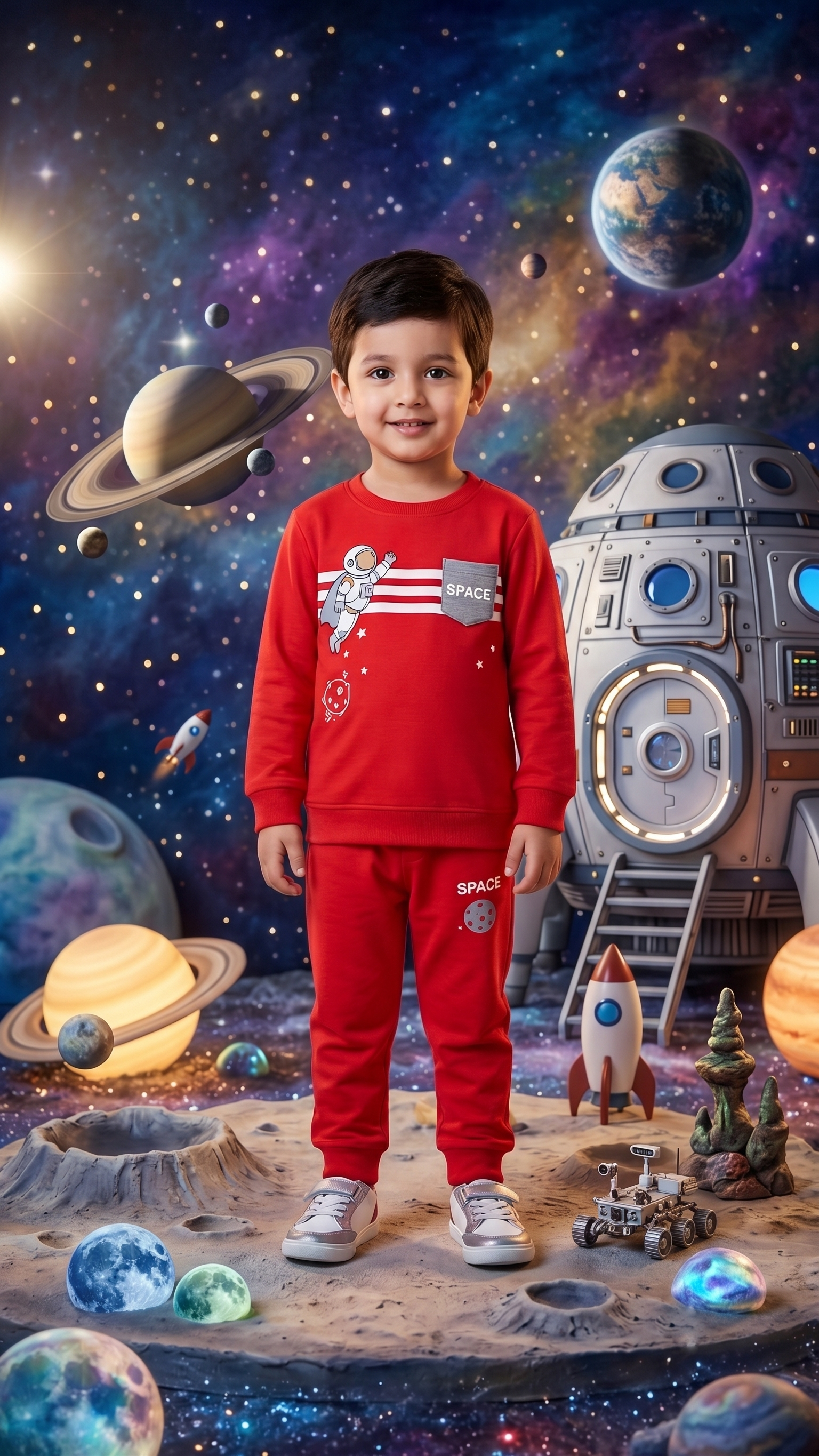 Unisex Kids Astronaut Space Chest Stripe Graphic Print Full Sleeve T-Shirt and Pajama Cotton Lounge Set — Crimson Red / White | Yokidz