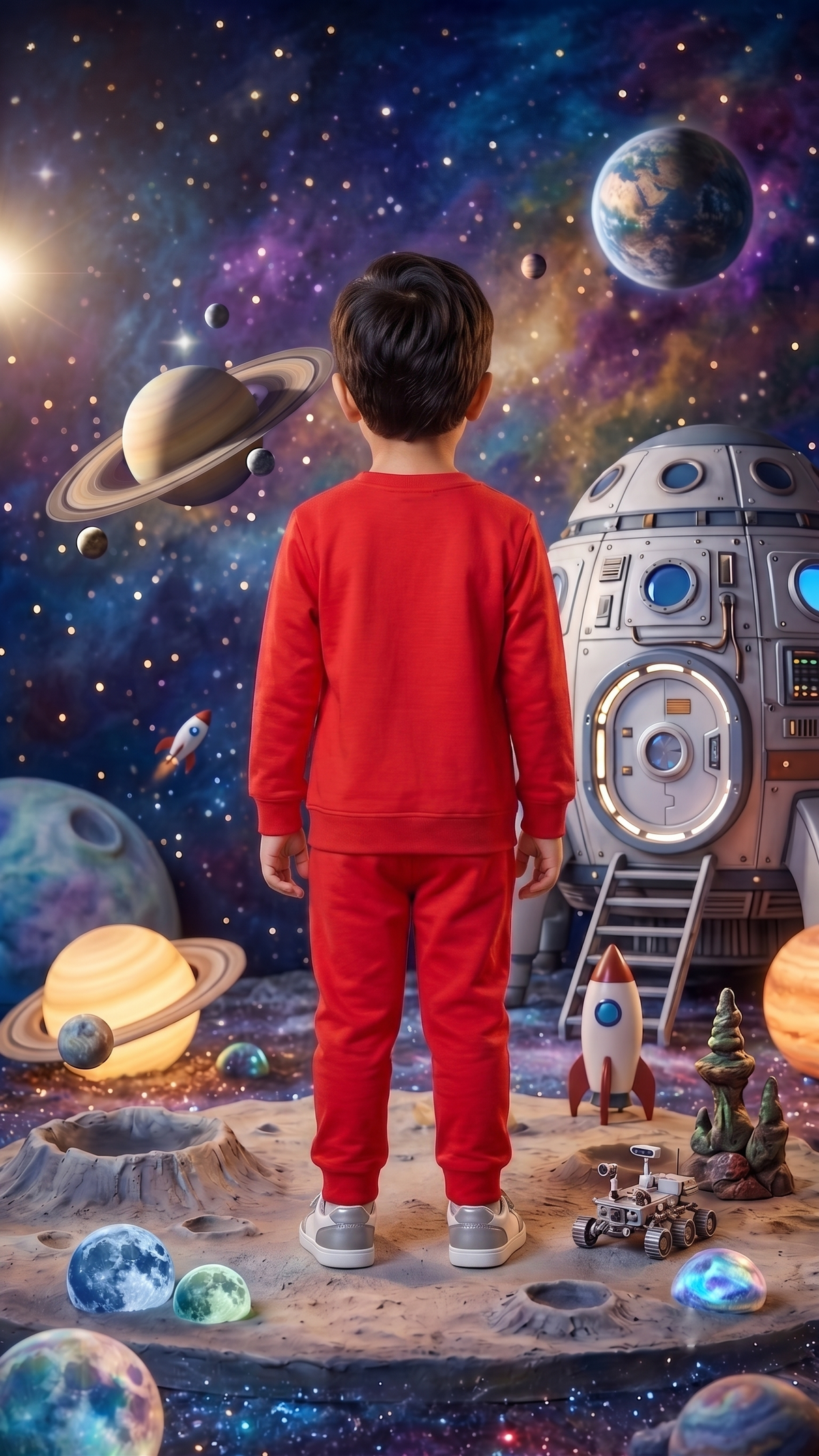Unisex Kids Astronaut Space Chest Stripe Graphic Print Full Sleeve T-Shirt and Pajama Cotton Lounge Set — Crimson Red / White | Yokidz
