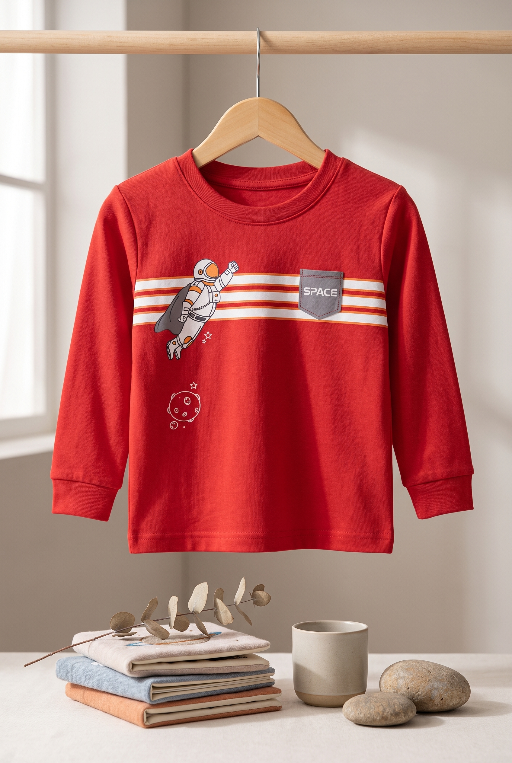 Unisex Kids Astronaut Space Chest Stripe Graphic Print Full Sleeve T-Shirt and Pajama Cotton Lounge Set — Crimson Red / White | Yokidz