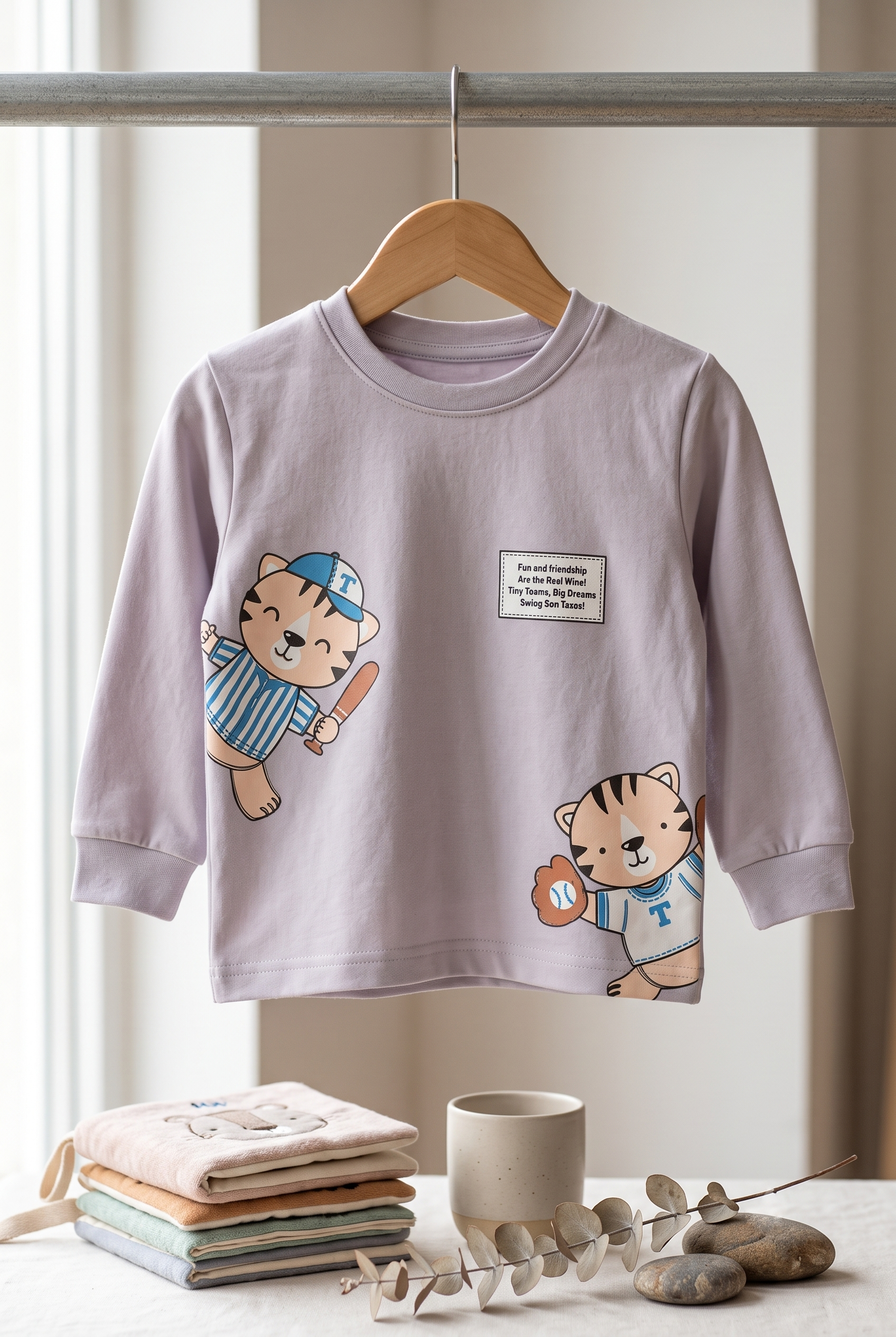 Unisex Kids Baseball Tiger Graphic Print Full Sleeve T-Shirt and Pajama Cotton Nightwear Lounge Set — Lavender Grey / White | Yokidz