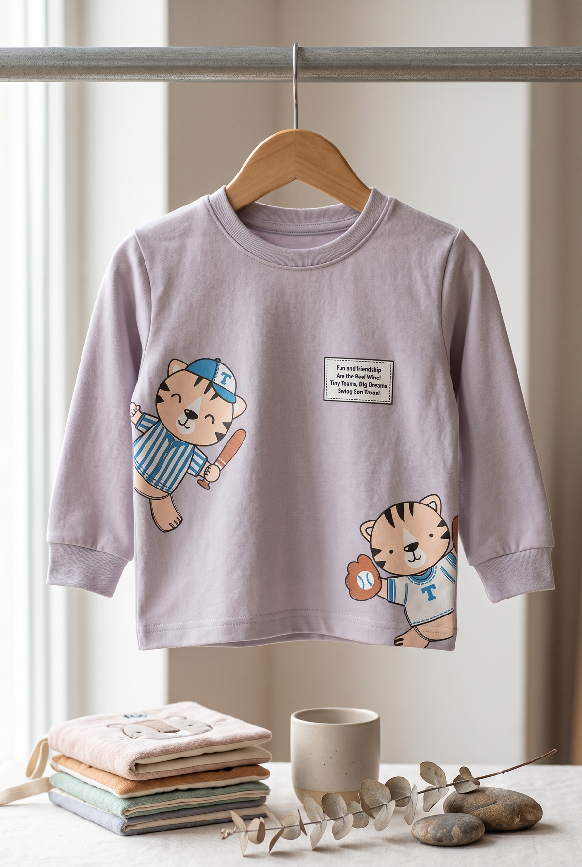 Unisex Kids Baseball Tiger Graphic Print Full Sleeve T-Shirt and Pajama Cotton Nightwear Lounge Set — Lavender Grey / White | Yokidz