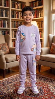Unisex Kids Baseball Tiger Graphic Print Full Sleeve T-Shirt and Pajama Cotton Nightwear Lounge Set — Lavender Grey / White | Yokidz
