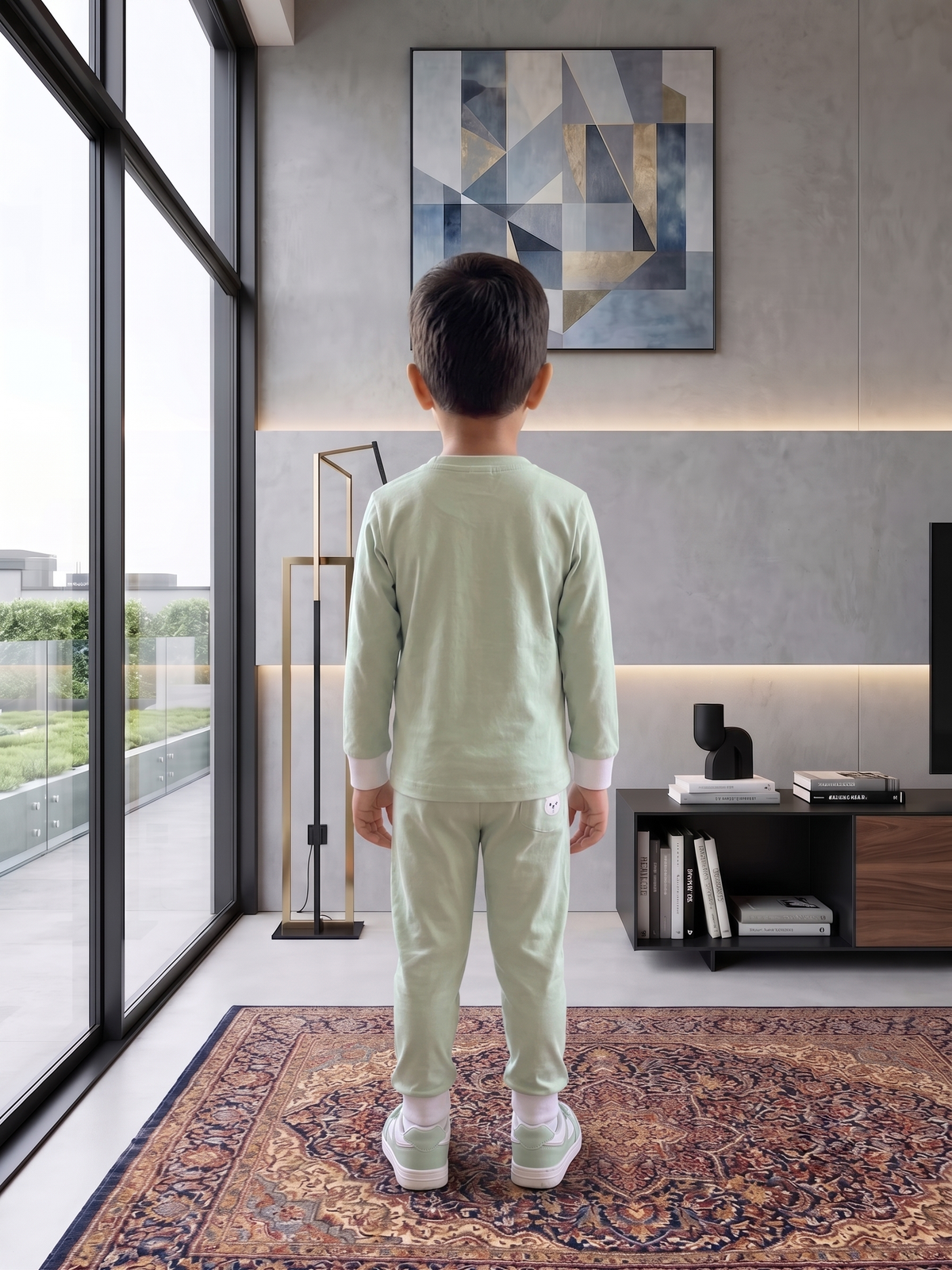 Unisex Kids Cute Bear Graphic Print Full Sleeve T-Shirt and Pajama Cotton Nightwear Lounge Set — Mint Green / White | Yokidz