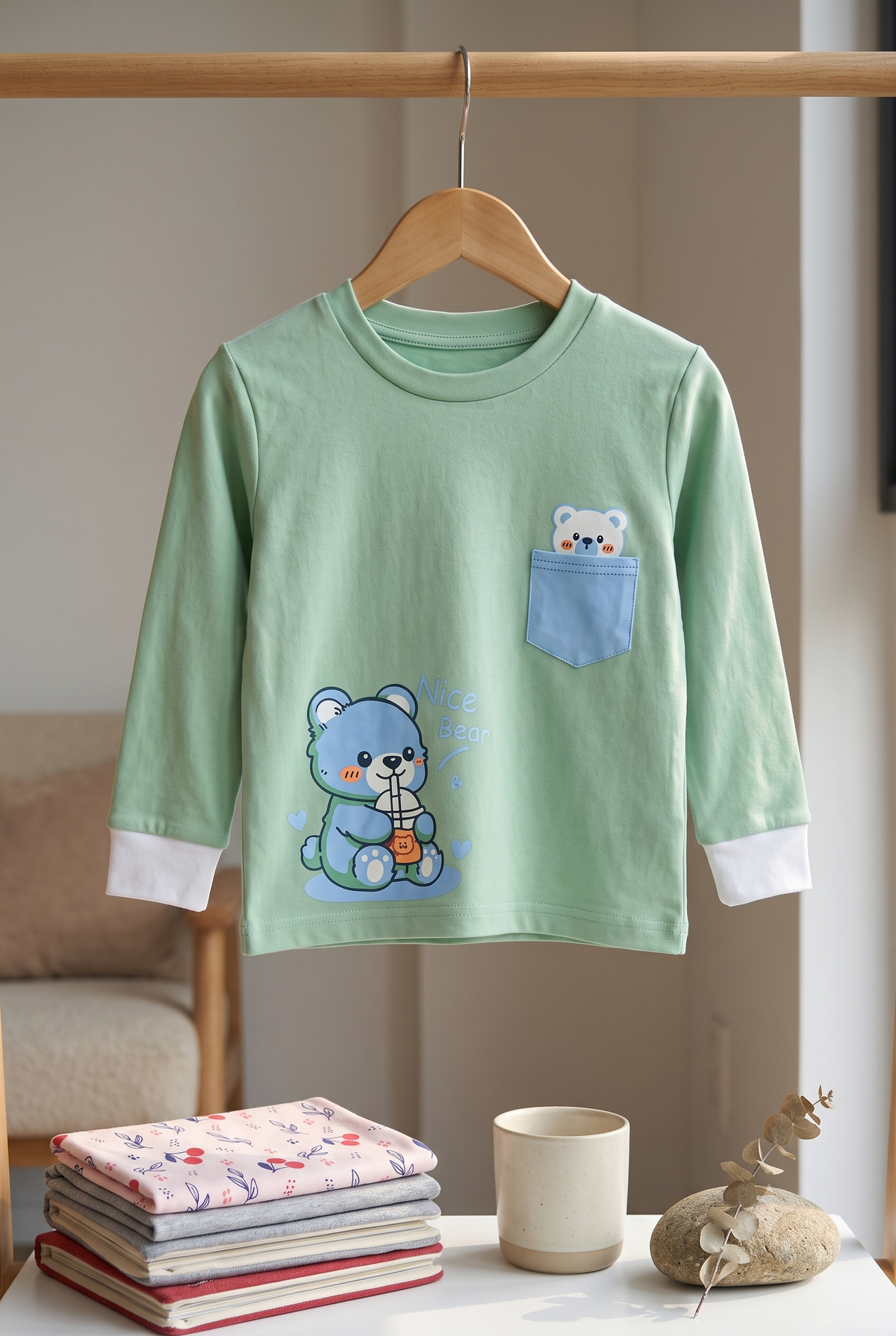 Unisex Kids Cute Bear Graphic Print Full Sleeve T-Shirt and Pajama Cotton Nightwear Lounge Set — Mint Green / White | Yokidz
