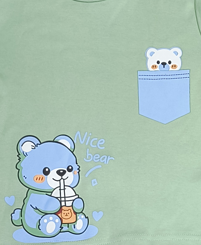 Unisex Kids Cute Bear Graphic Print Full Sleeve T-Shirt and Pajama Cotton Nightwear Lounge Set — Mint Green / White | Yokidz