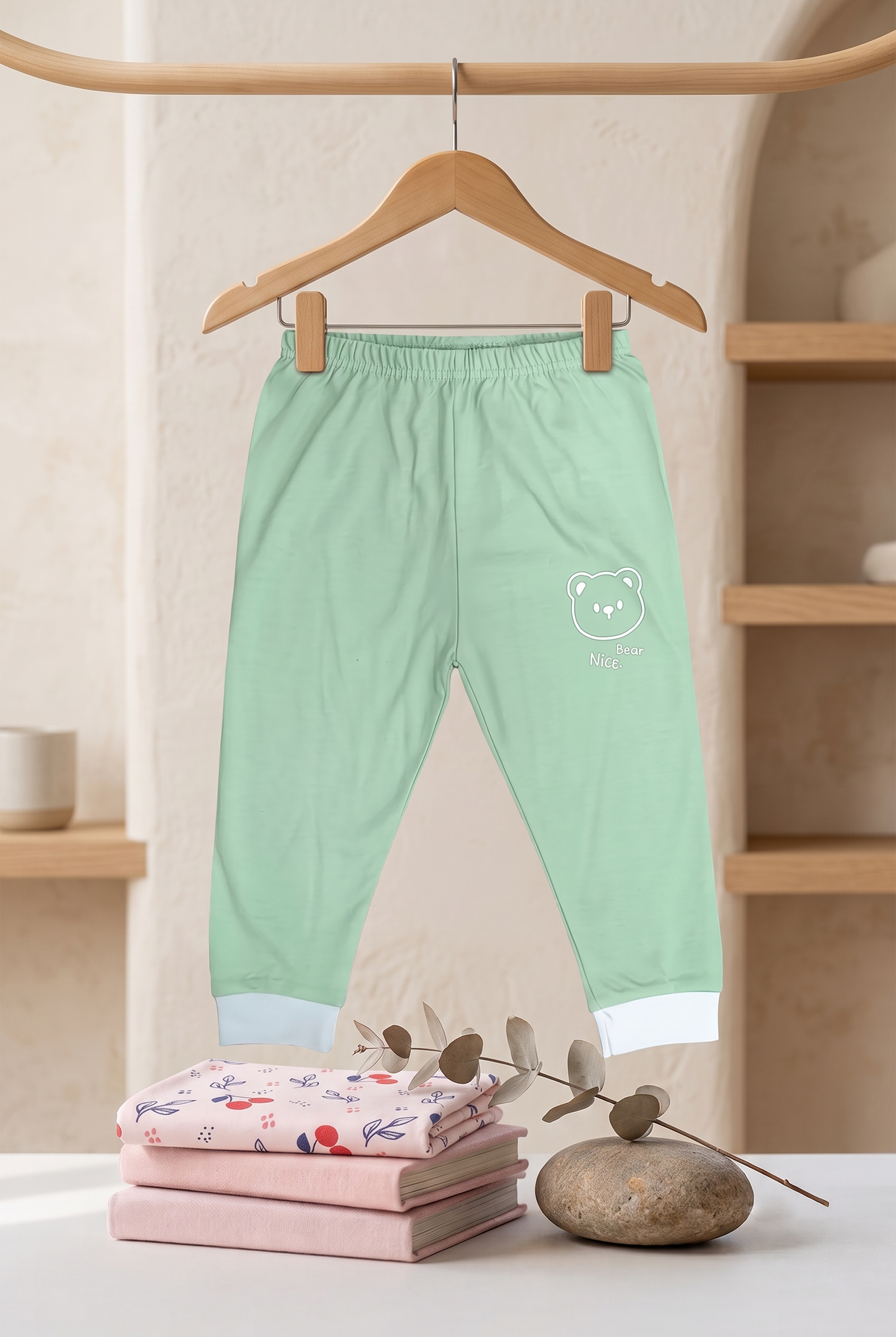 Unisex Kids Cute Bear Graphic Print Full Sleeve T-Shirt and Pajama Cotton Nightwear Lounge Set — Mint Green / White | Yokidz