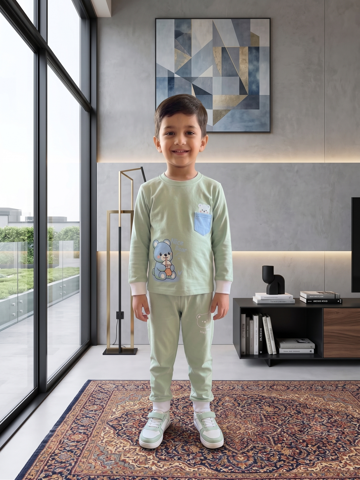 Unisex Kids Cute Bear Graphic Print Full Sleeve T-Shirt and Pajama Cotton Nightwear Lounge Set — Mint Green / White | Yokidz