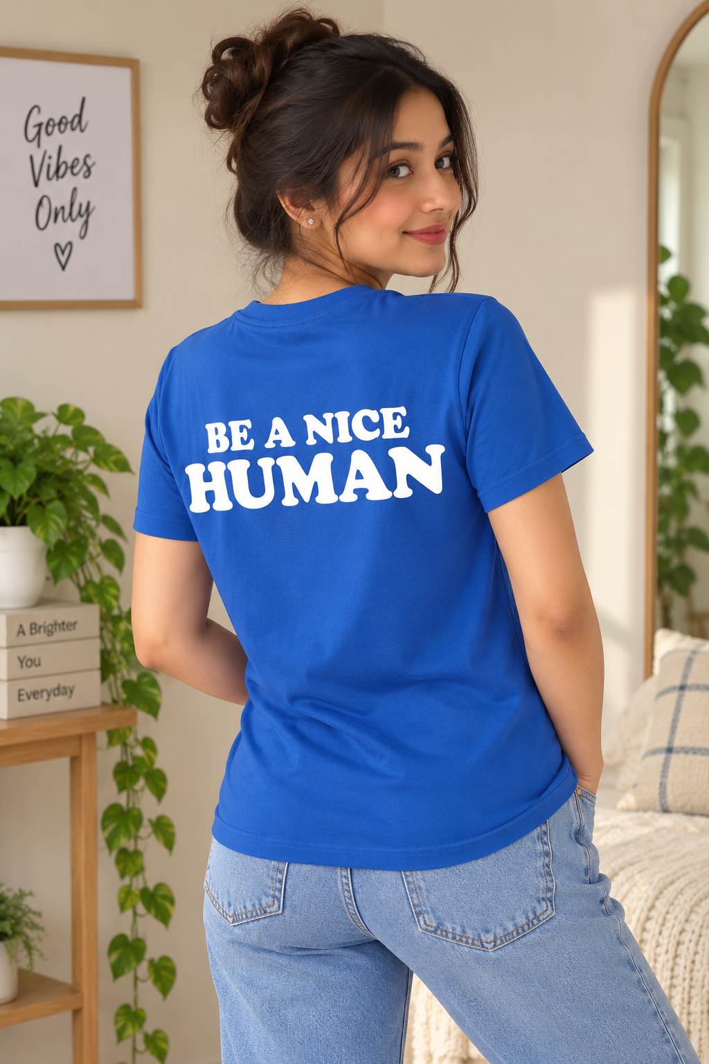 Women Manny Doodle Cartoon Line Art Graphic Print Round Neck Short Sleeve Cotton T-Shirt — Steel Blue / White | Yokidz