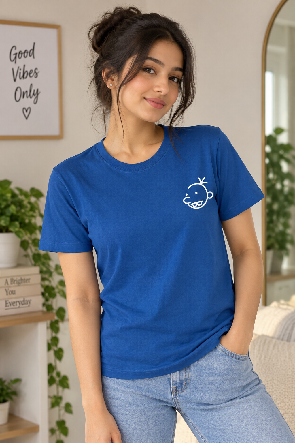 Women Manny Doodle Cartoon Line Art Graphic Print Round Neck Short Sleeve Cotton T-Shirt — Steel Blue / White | Yokidz