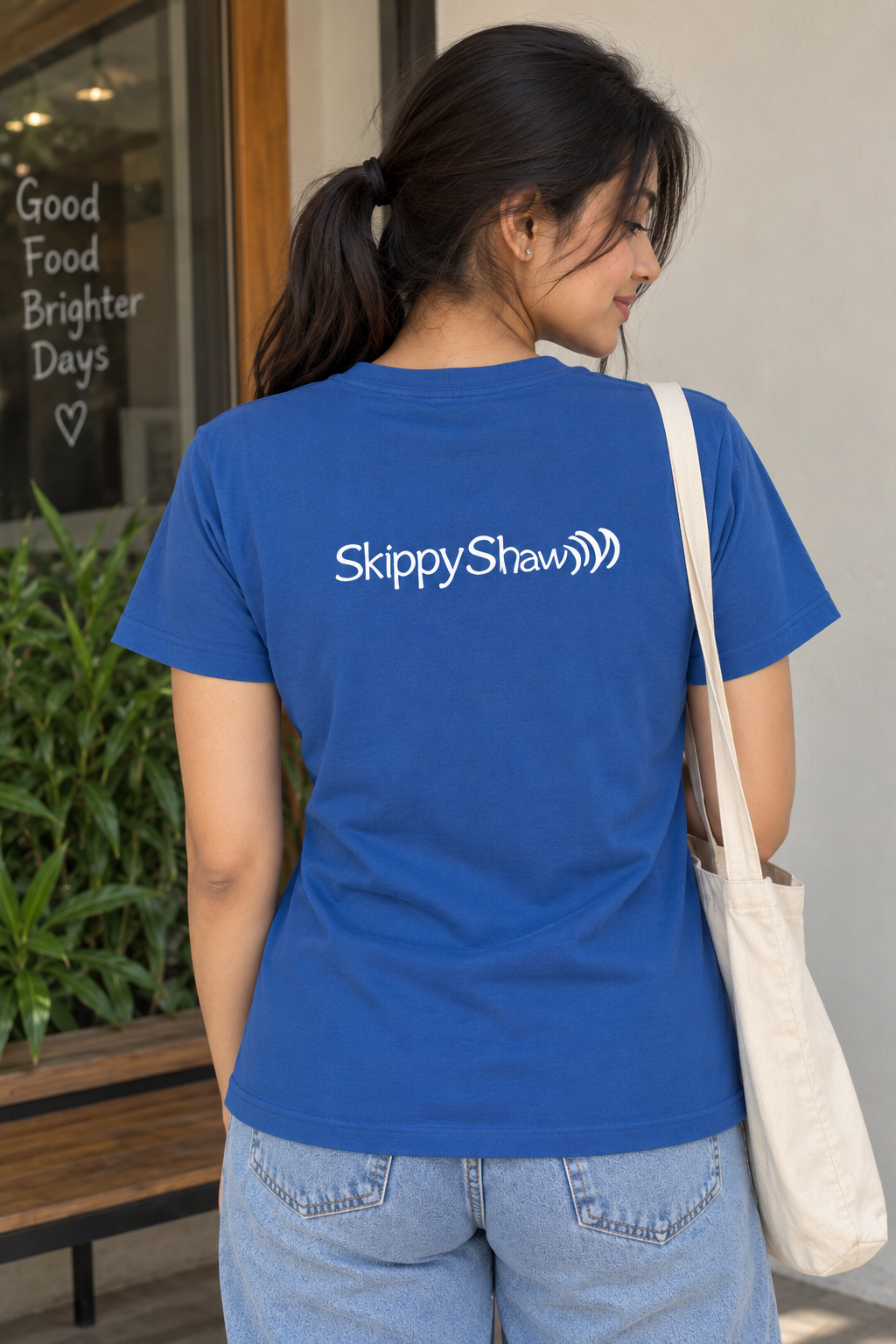 Women ShippySham Typography Graphic Print Round Neck Short Sleeve Cotton T-Shirt — Steel Blue / White | Yokidz