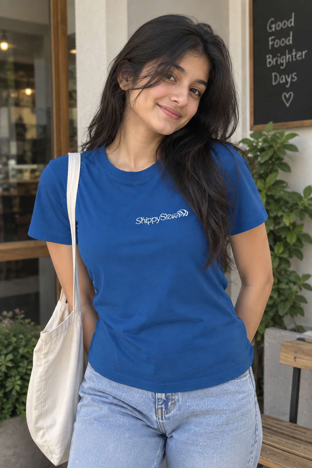 Women ShippySham Typography Graphic Print Round Neck Short Sleeve Cotton T-Shirt — Steel Blue / White | Yokidz