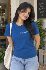 Women ShippySham Typography Graphic Print Round Neck Short Sleeve Cotton T-Shirt — Steel Blue / White | Yokidz