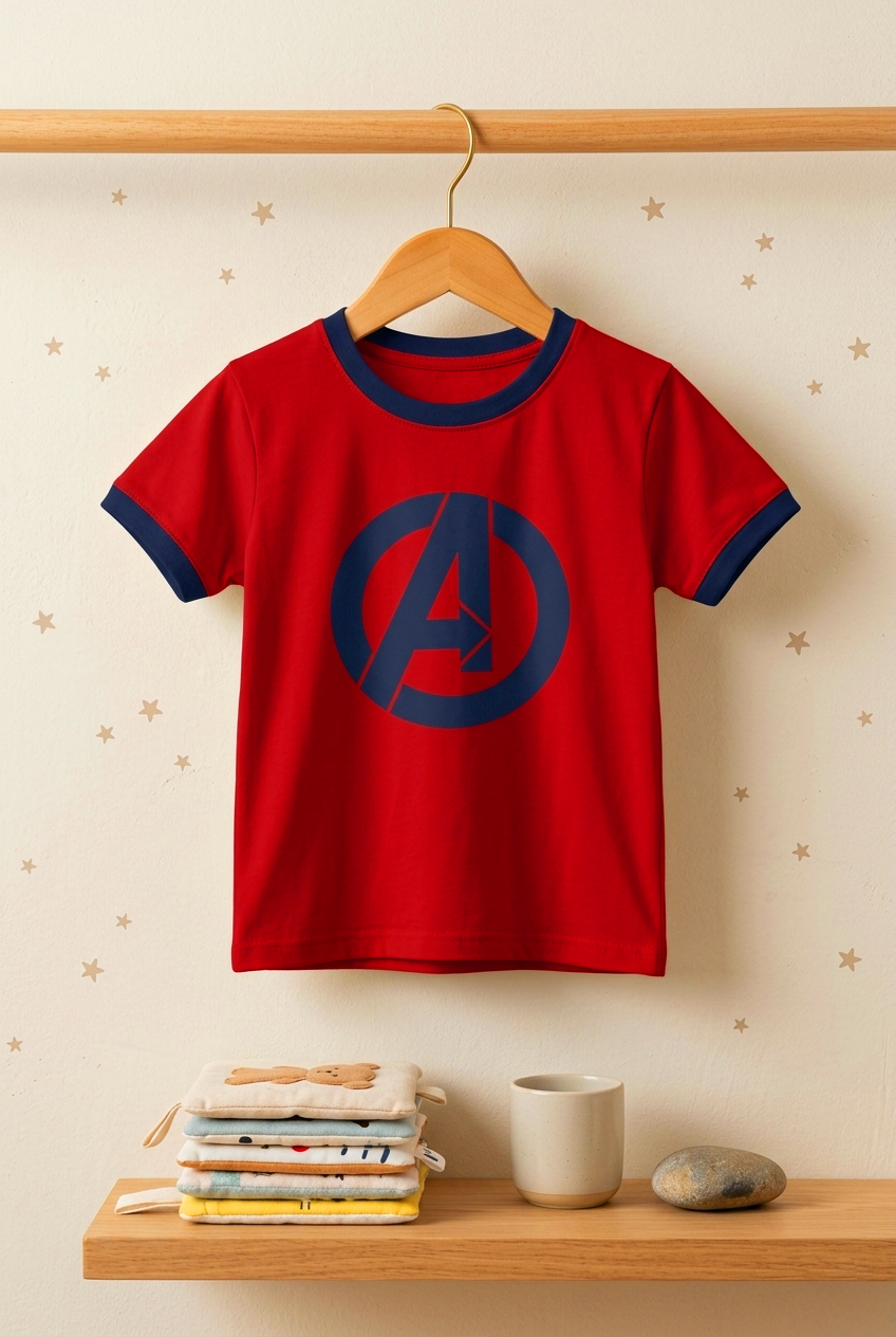 Men Avengers 'A' Logo Graphic Print Contrast Neck Cotton T-Shirt — Red / Navy | Yokidz