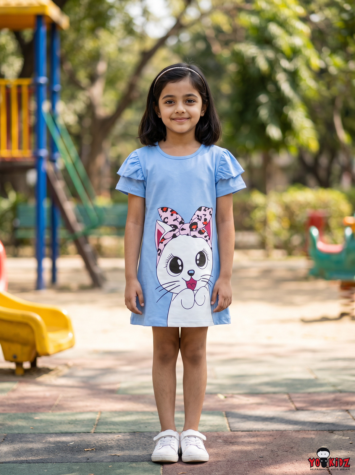 Girls Cute Cat Graphic Print Double Frill Sleeve Cotton Frock Dress — Sky Blue | Yokidz