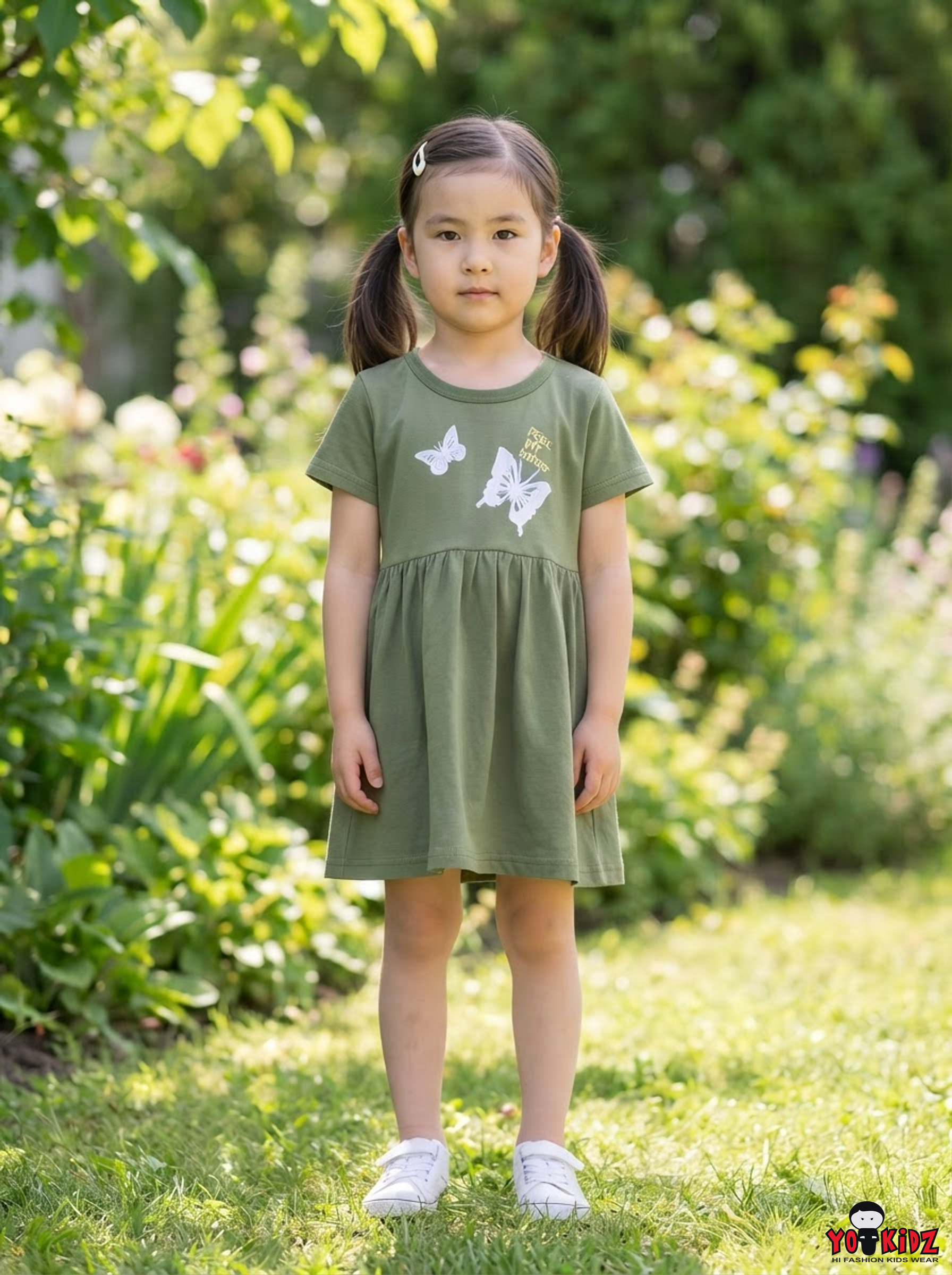 Girls Butterfly Graphic Chest Print A-Line Cotton Frock Dress With Matching Panty — Olive Green | Yokidz