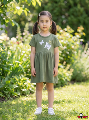 Girls Butterfly Graphic Chest Print A-Line Cotton Frock Dress With Matching Panty — Olive Green | Yokidz