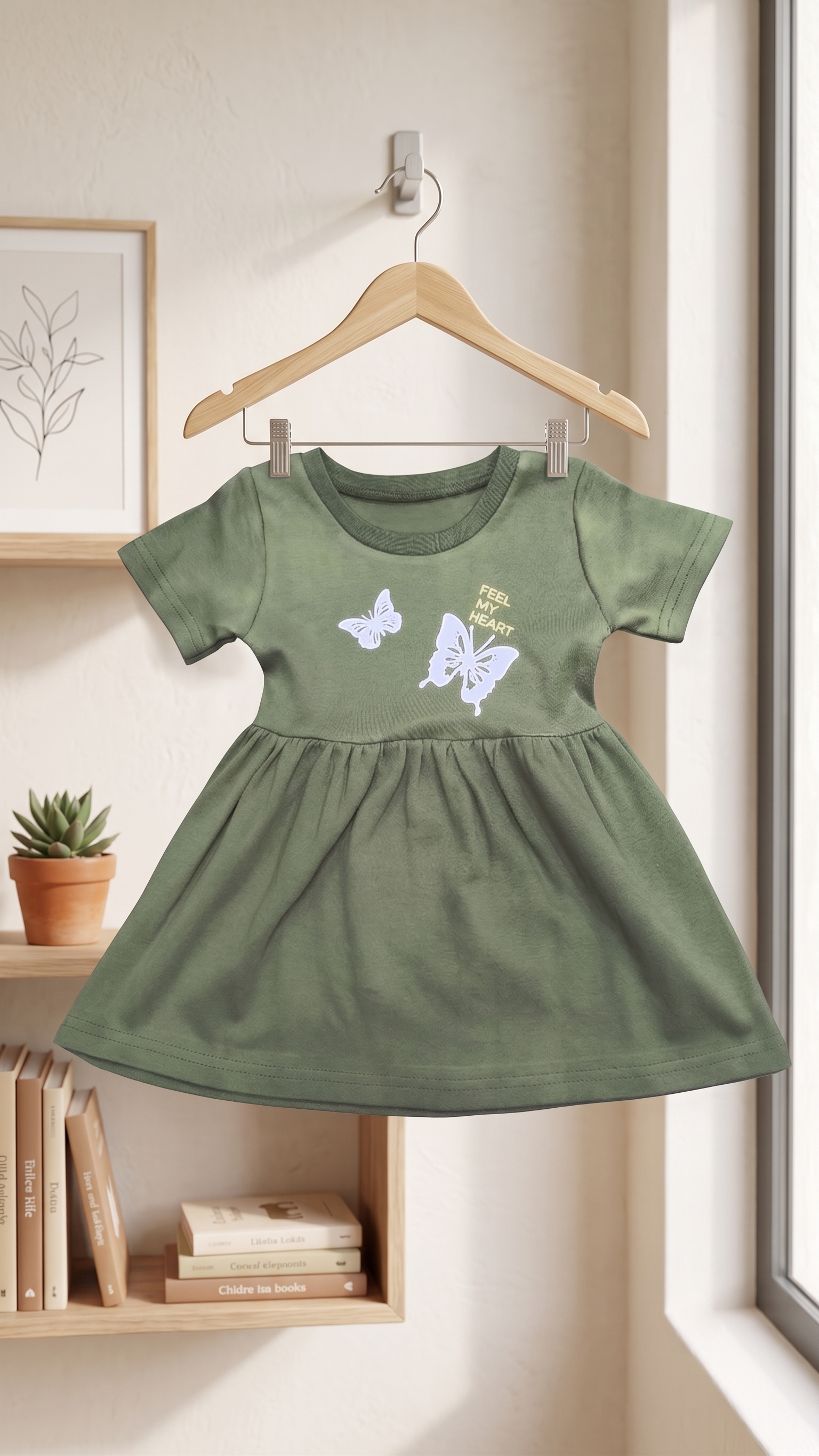 Girls Butterfly Graphic Chest Print A-Line Cotton Frock Dress With Matching Panty — Olive Green | Yokidz