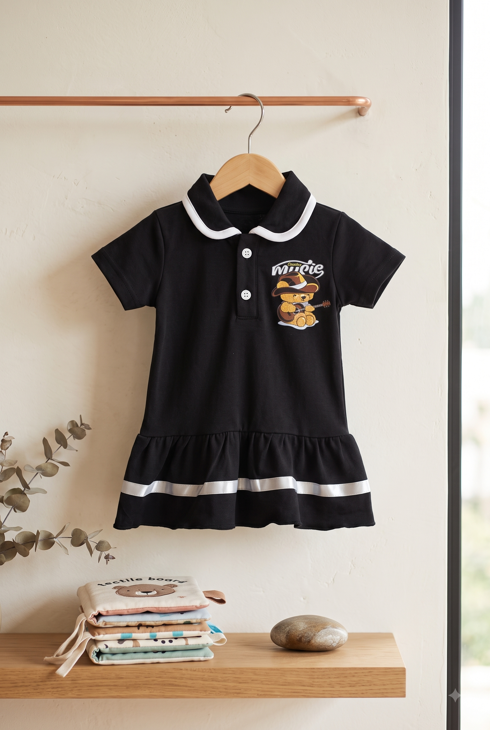 Girls Country Music Bear Graphic Collared Drop Waist Cotton Frock Dress with Panty — Black / White | Yokidz