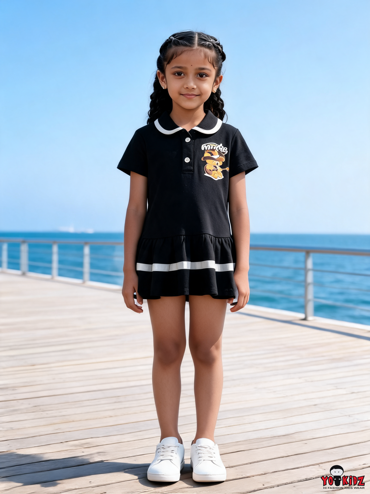Girls Country Music Bear Graphic Collared Drop Waist Cotton Frock Dress with Panty — Black / White | Yokidz