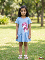 Girls Cute Unicorn Graphic Print Cut and Sew A-Line Cotton Frock Dress With Matching Panty — Sky Blue | Yokidz