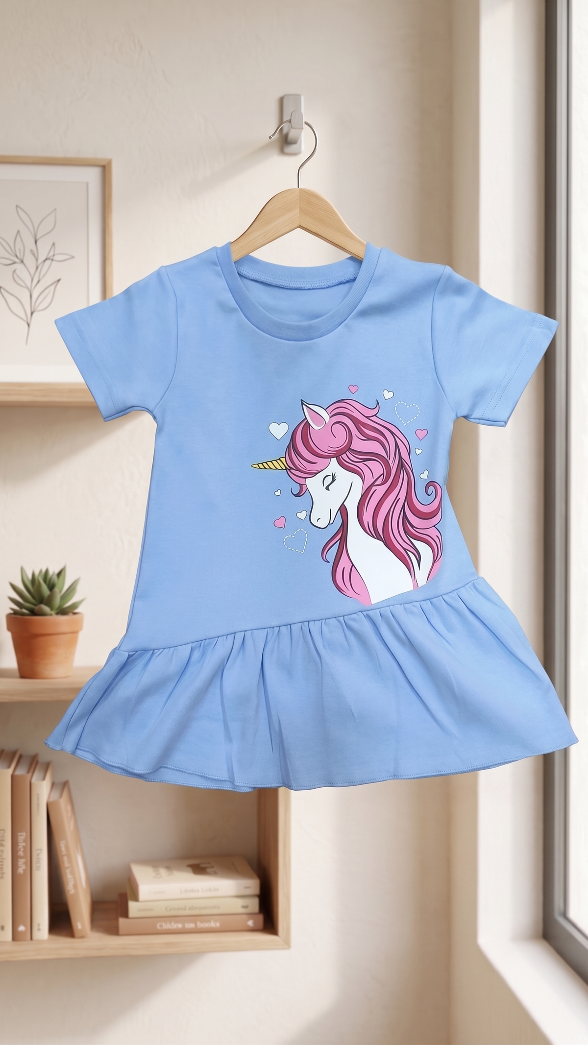 Girls Cute Unicorn Graphic Print Cut and Sew A-Line Cotton Frock Dress With Matching Panty — Sky Blue | Yokidz