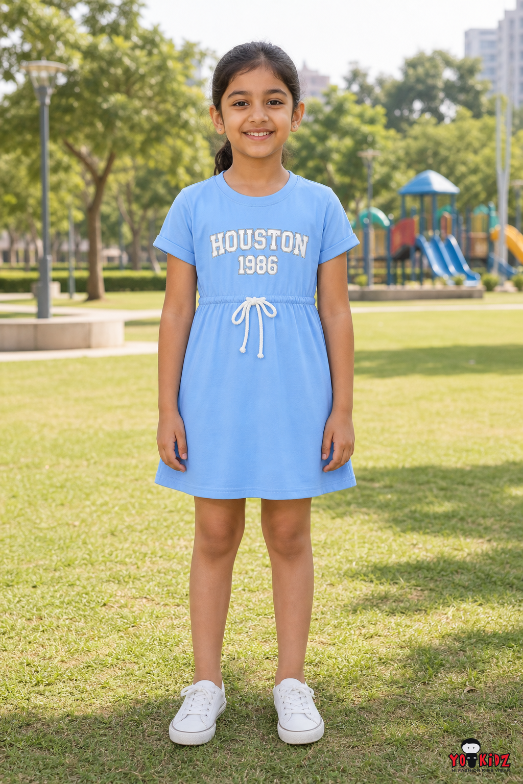 Girls Houston 1986 Graphic Drawstring A-Line Cotton T-Shirt Dress With Matching Panty — Sky Blue | Yokidz