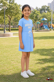 Girls Houston 1986 Graphic Drawstring A-Line Cotton T-Shirt Dress With Matching Panty — Sky Blue | Yokidz
