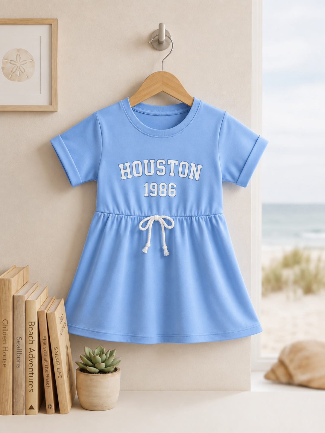 Girls Houston 1986 Graphic Drawstring A-Line Cotton T-Shirt Dress With Matching Panty — Sky Blue | Yokidz