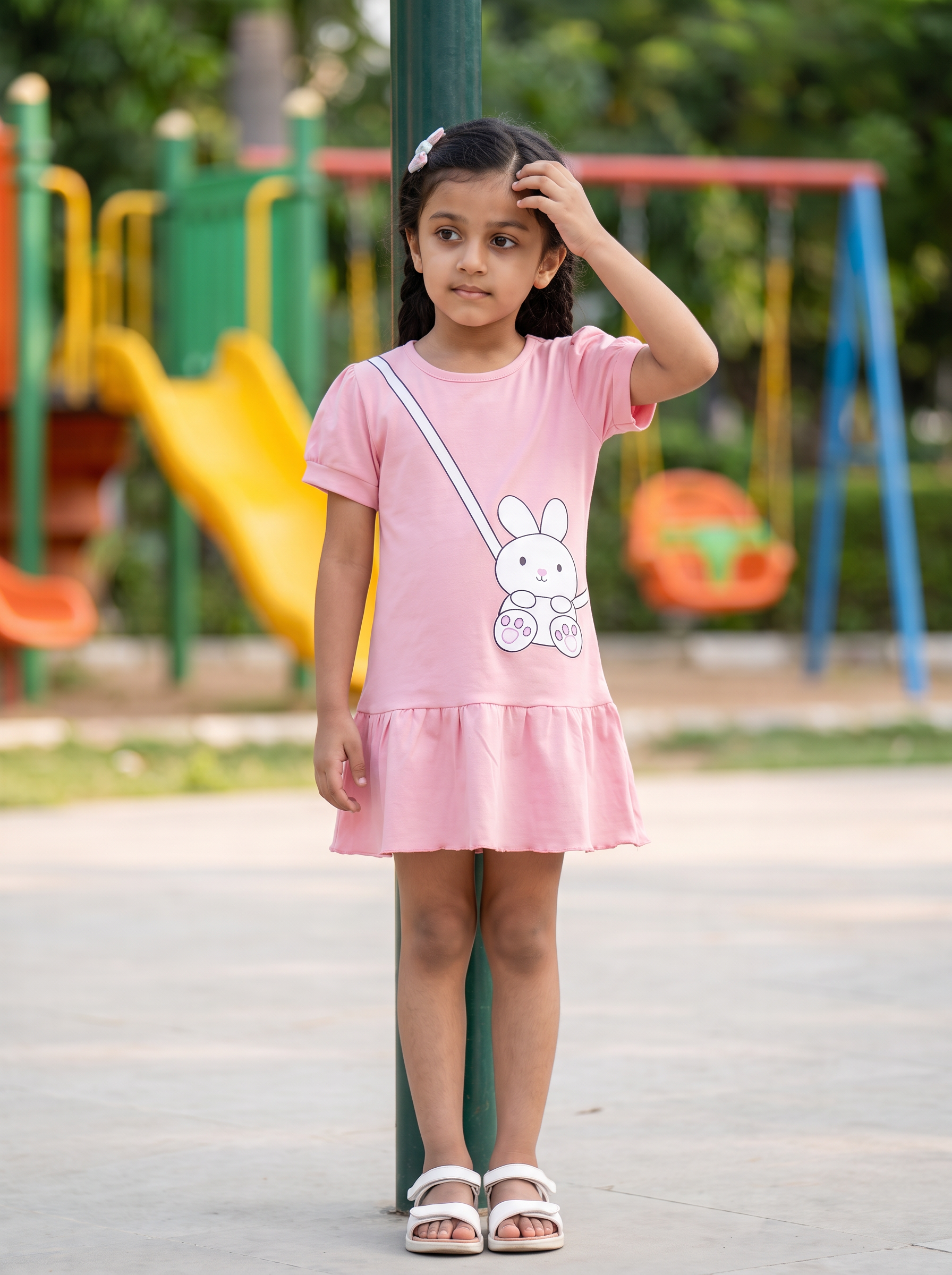 Baby Girls Cute Bunny Sling Bag Graphic Print Cotton Frock Dress With Bloomer Panty — Pink | Yokidz