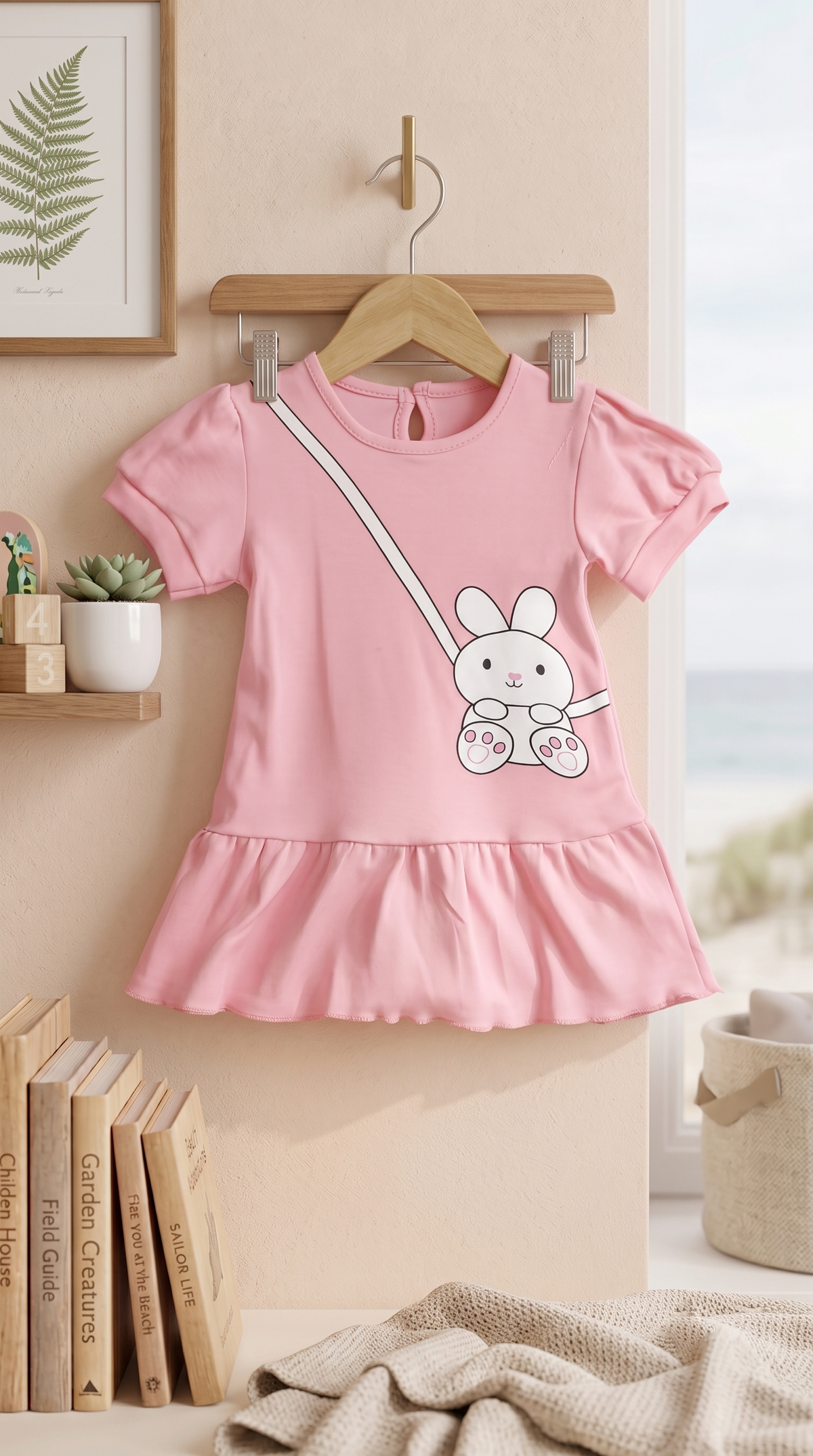 Baby Girls Cute Bunny Sling Bag Graphic Print Cotton Frock Dress With Bloomer Panty — Pink | Yokidz