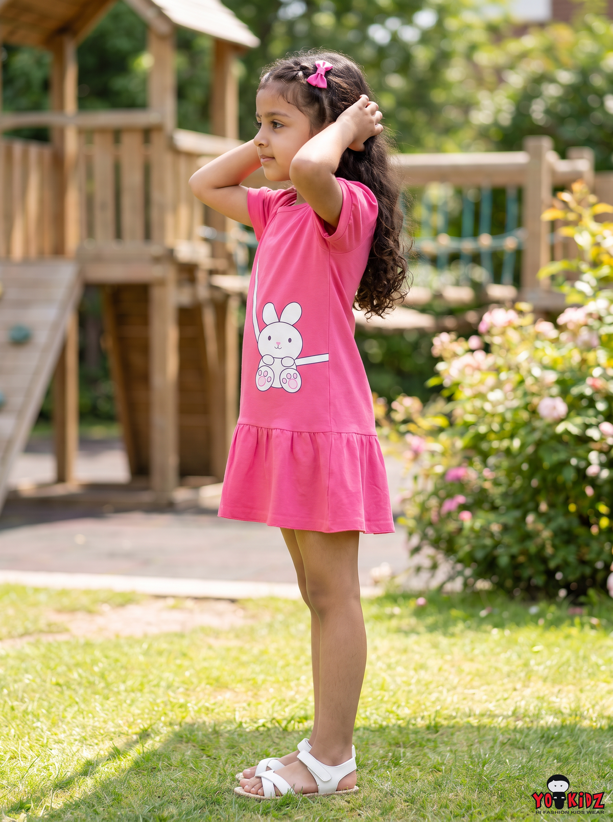 Baby Girls Cute Bunny Sling Bag Graphic Print Cotton Frock Dress With Matching Panty — Hot Pink | Yokidz
