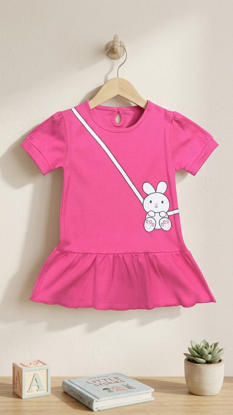 Baby Girls Cute Bunny Sling Bag Graphic Print Cotton Frock Dress With Matching Panty — Hot Pink | Yokidz