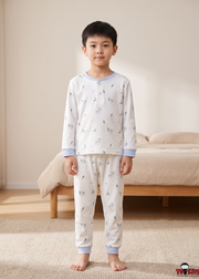 Boys Palm Tree All Over Print Henley Neck 2-Button 2-Piece Cotton Pyjama Set — White / Sky Blue | Yokidz