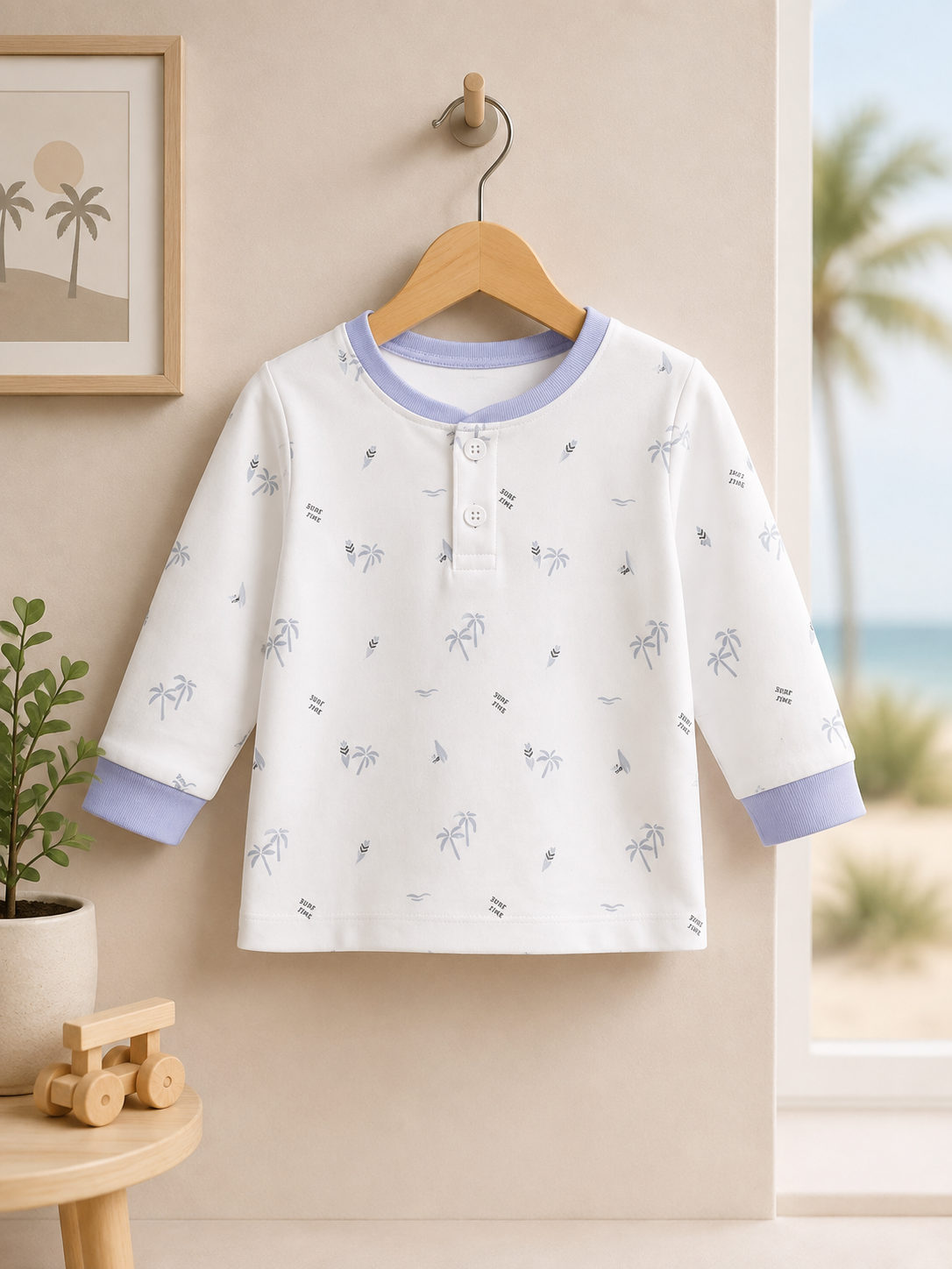 Boys Palm Tree All Over Print Henley Neck 2-Button 2-Piece Cotton Pyjama Set — White / Sky Blue | Yokidz