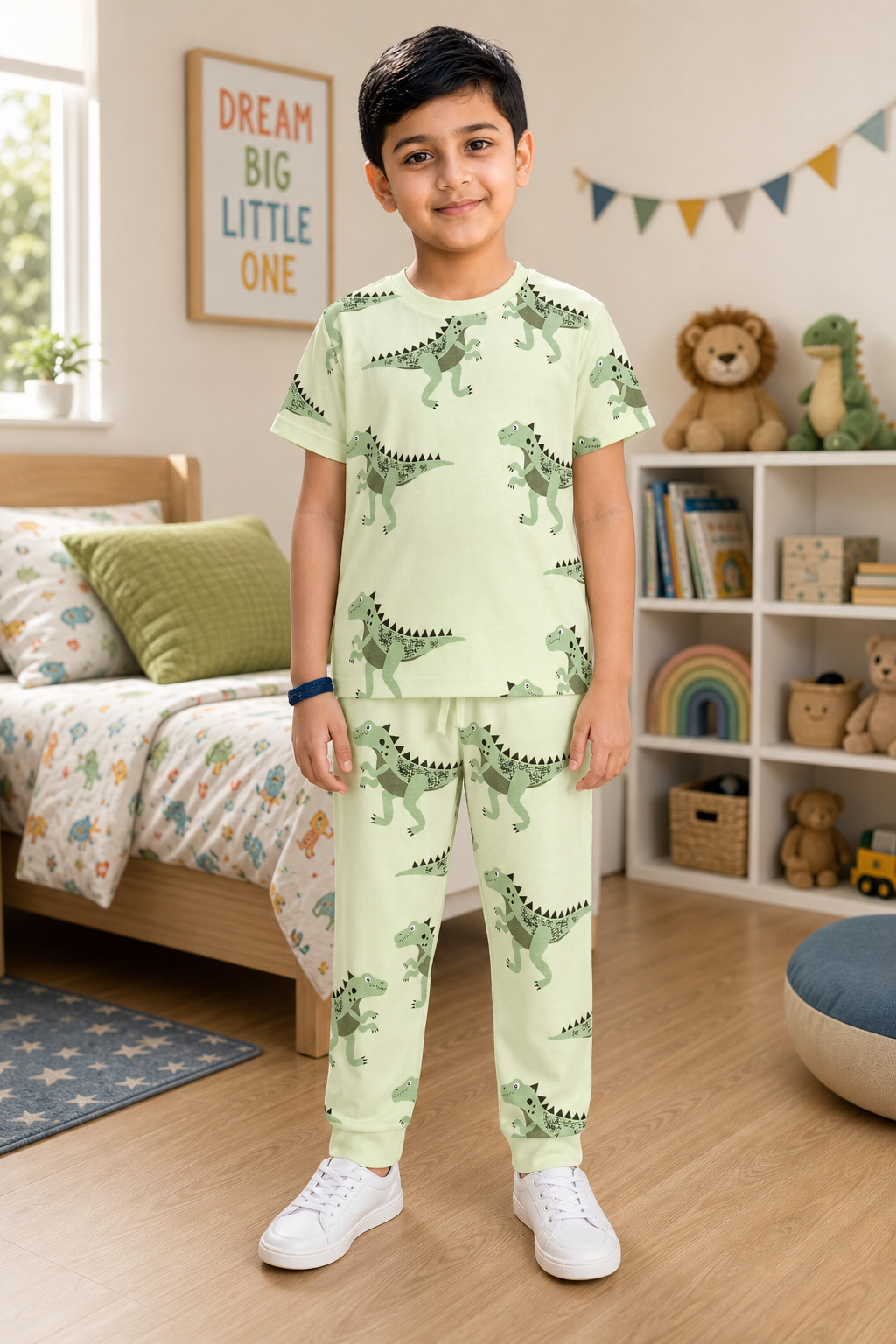 Boys Dinosaur All Over Print 2-Piece Cotton T-Shirt and Pyjama Set — Light Sage Green | Yokidz