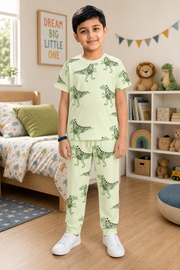 Boys Dinosaur All Over Print 2-Piece Cotton T-Shirt and Pyjama Set — Light Sage Green | Yokidz