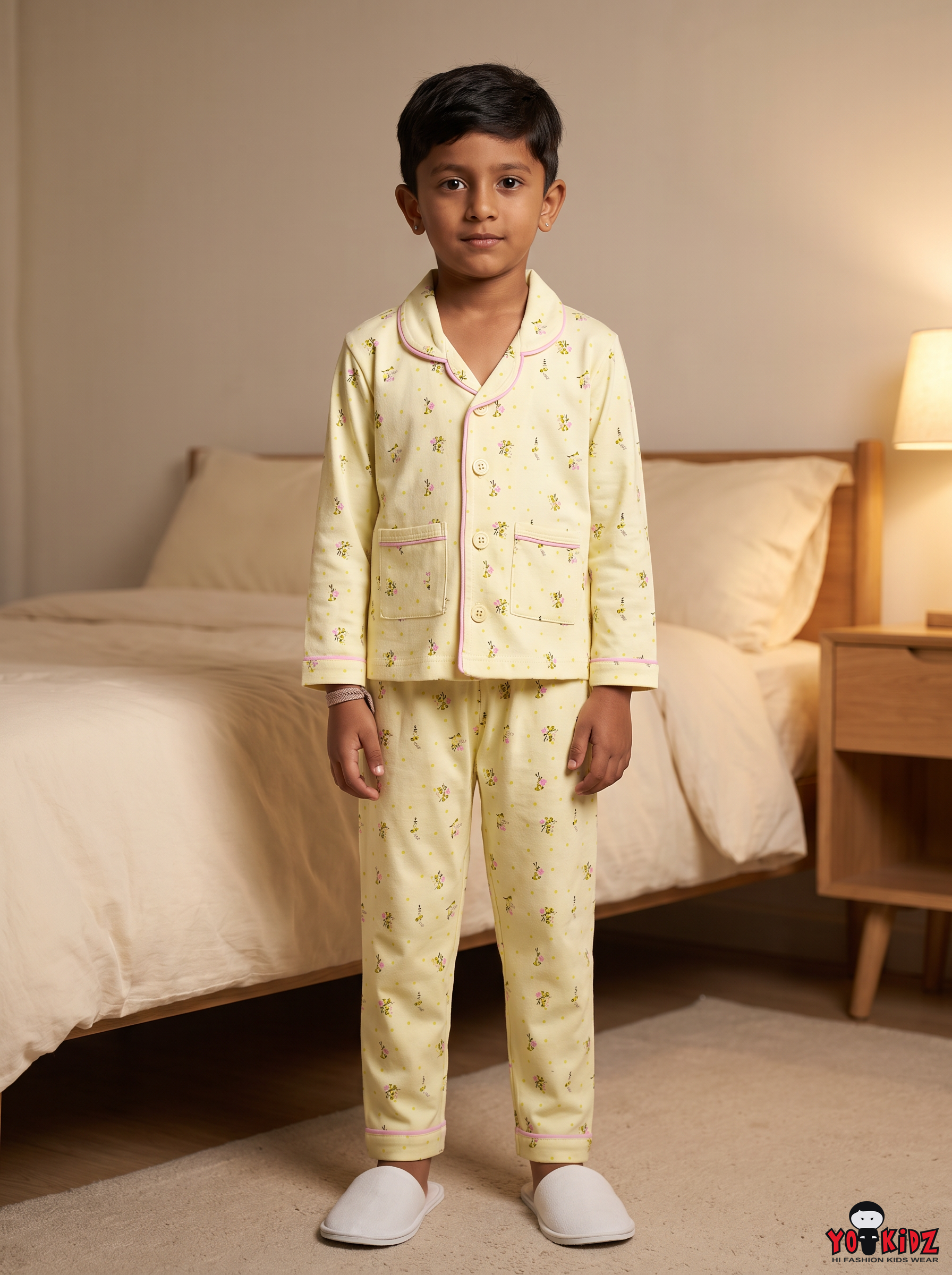 Boys Little Red Riding Hood All Over Print Front Open Notch Collar 2-Piece Cotton Pyjama Set — Pastel Yellow | Yokidz