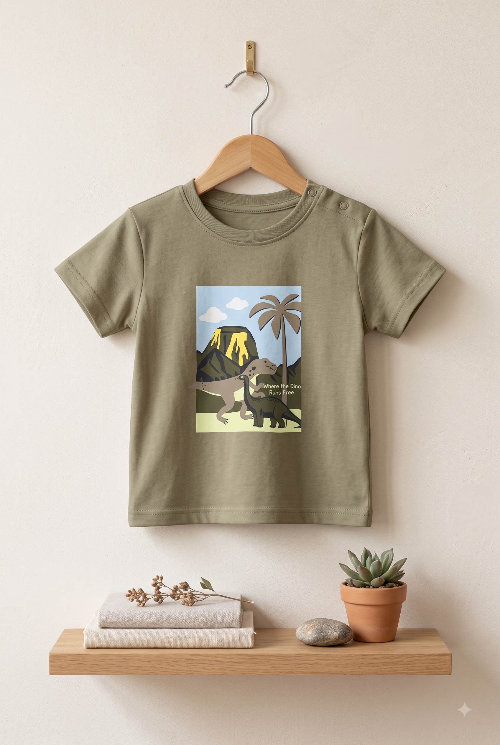 Boys Prehistoric Dinosaur Volcano Graphic T-Shirt and T-Rex Print Jogger 2-Piece Cotton Pyjama Set — Beige / Sage Green | Yokidz