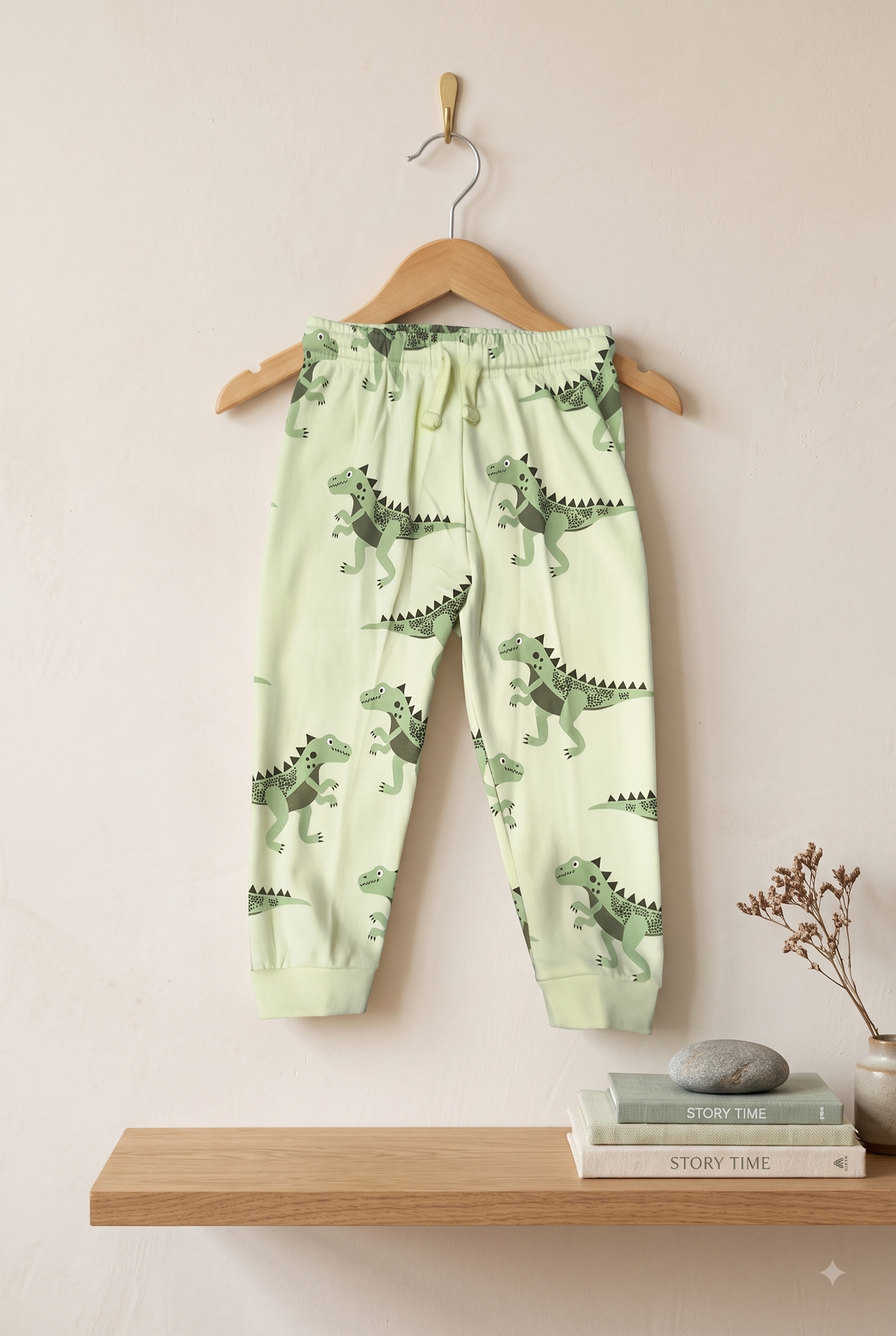 Boys Prehistoric Dinosaur Volcano Graphic T-Shirt and T-Rex Print Jogger 2-Piece Cotton Pyjama Set — Beige / Sage Green | Yokidz