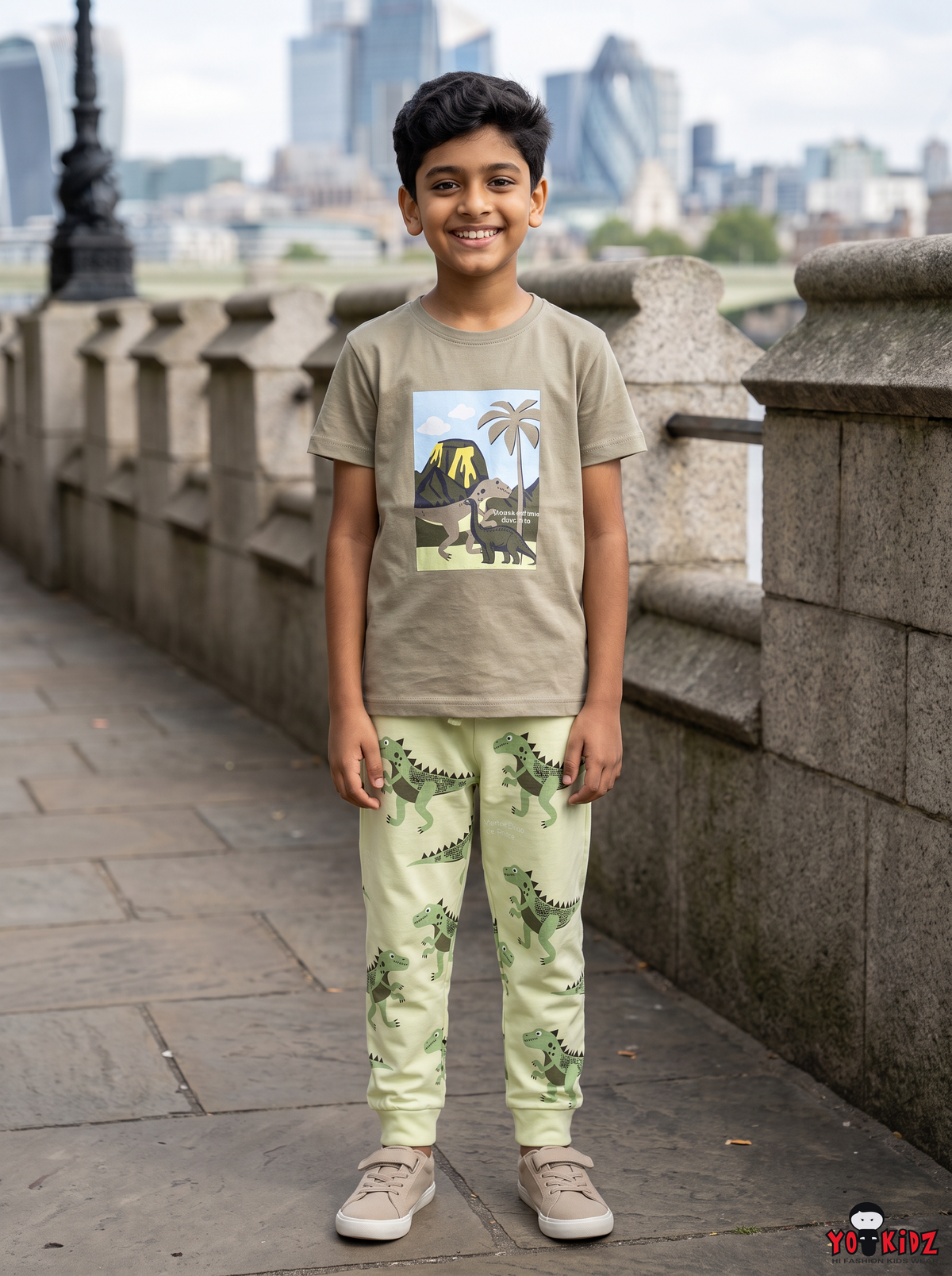 Boys Prehistoric Dinosaur Volcano Graphic T-Shirt and T-Rex Print Jogger 2-Piece Cotton Pyjama Set — Beige / Sage Green | Yokidz