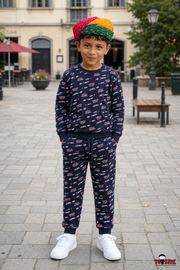 Boys LEVEL UP Typography All Over Print 2-Piece Cotton Sweatshirt and Track Pants Set — Navy Blue | Yokidz