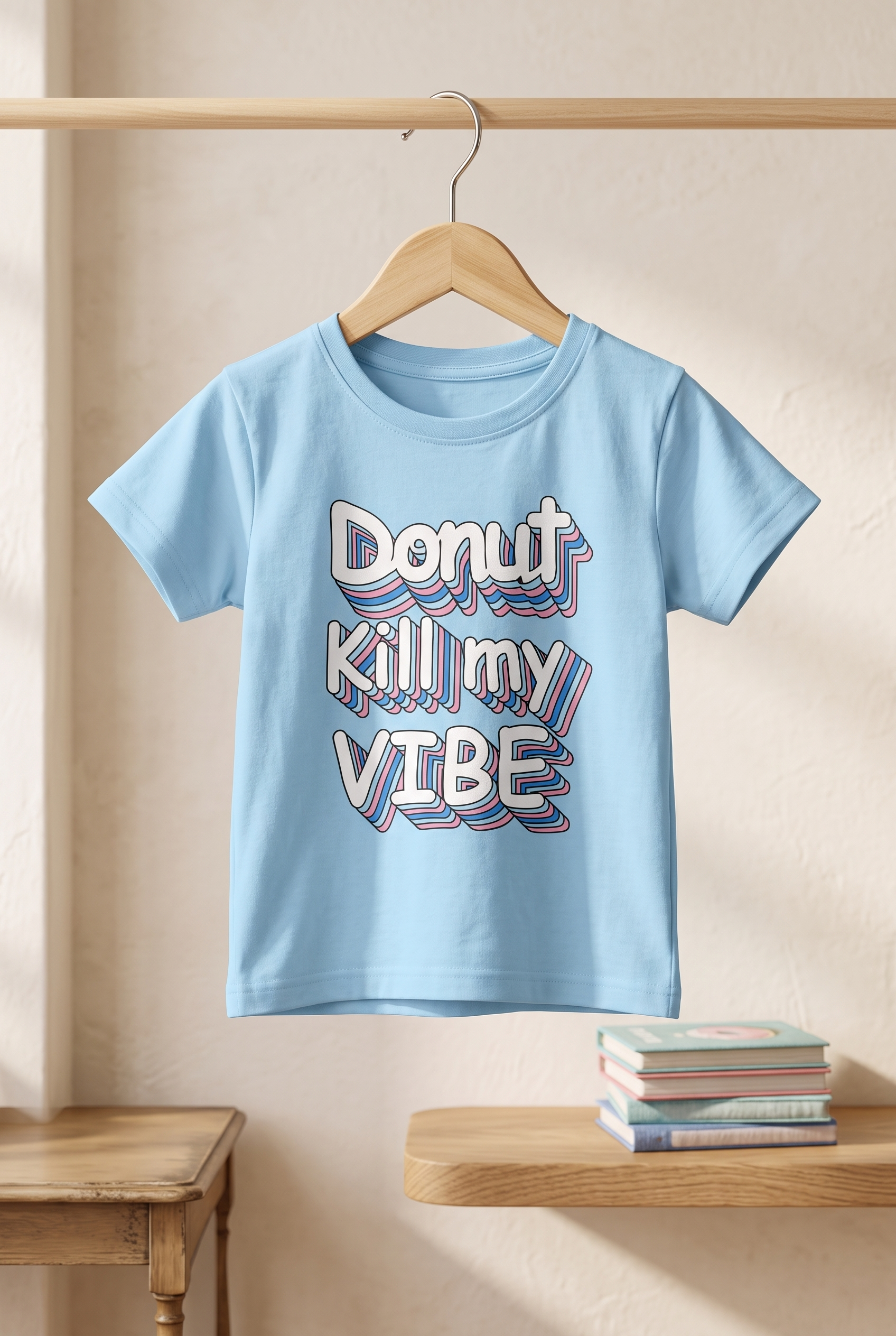 Boys Donut Kill My Vibe 3D Typography Graphic Print Contrast Neck Cotton T-Shirt — Sky Blue / Pink | Yokidz