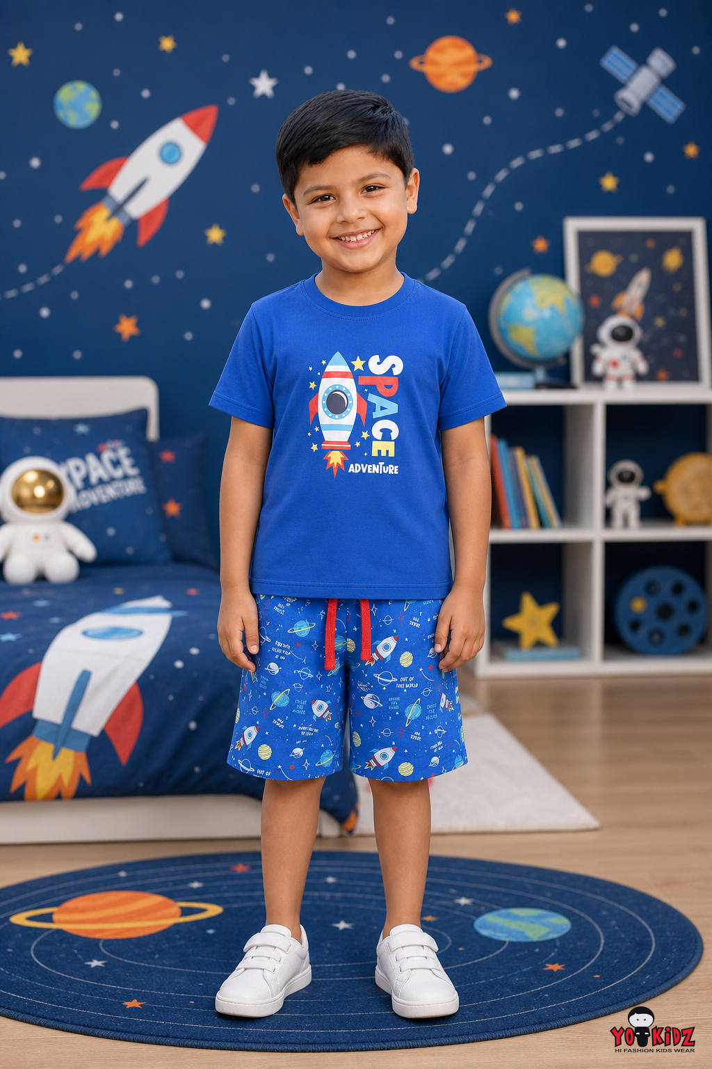 Boys Space Adventure Graphic T-Shirt and Galaxy Print 2-Piece Cotton Bermuda Shorts Set — Royal Blue | Yokidz