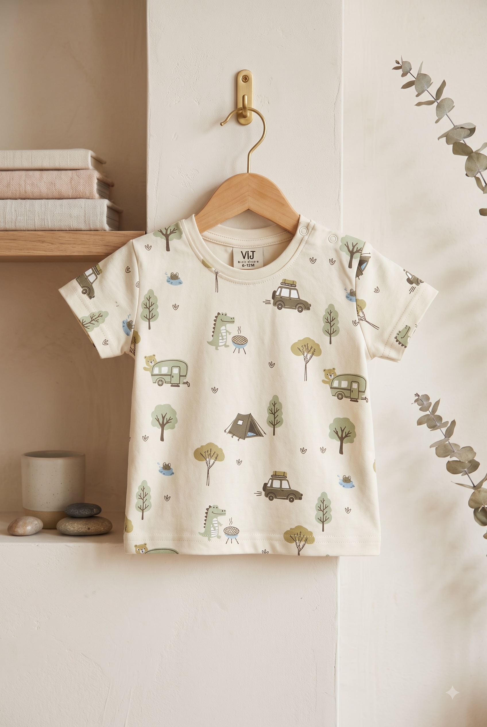 Boys Outdoor Camping Cars & Trees All Over Print 2-Piece Cotton T-Shirt and Bermuda Shorts Set — Cream / Olive Green | Yokidz