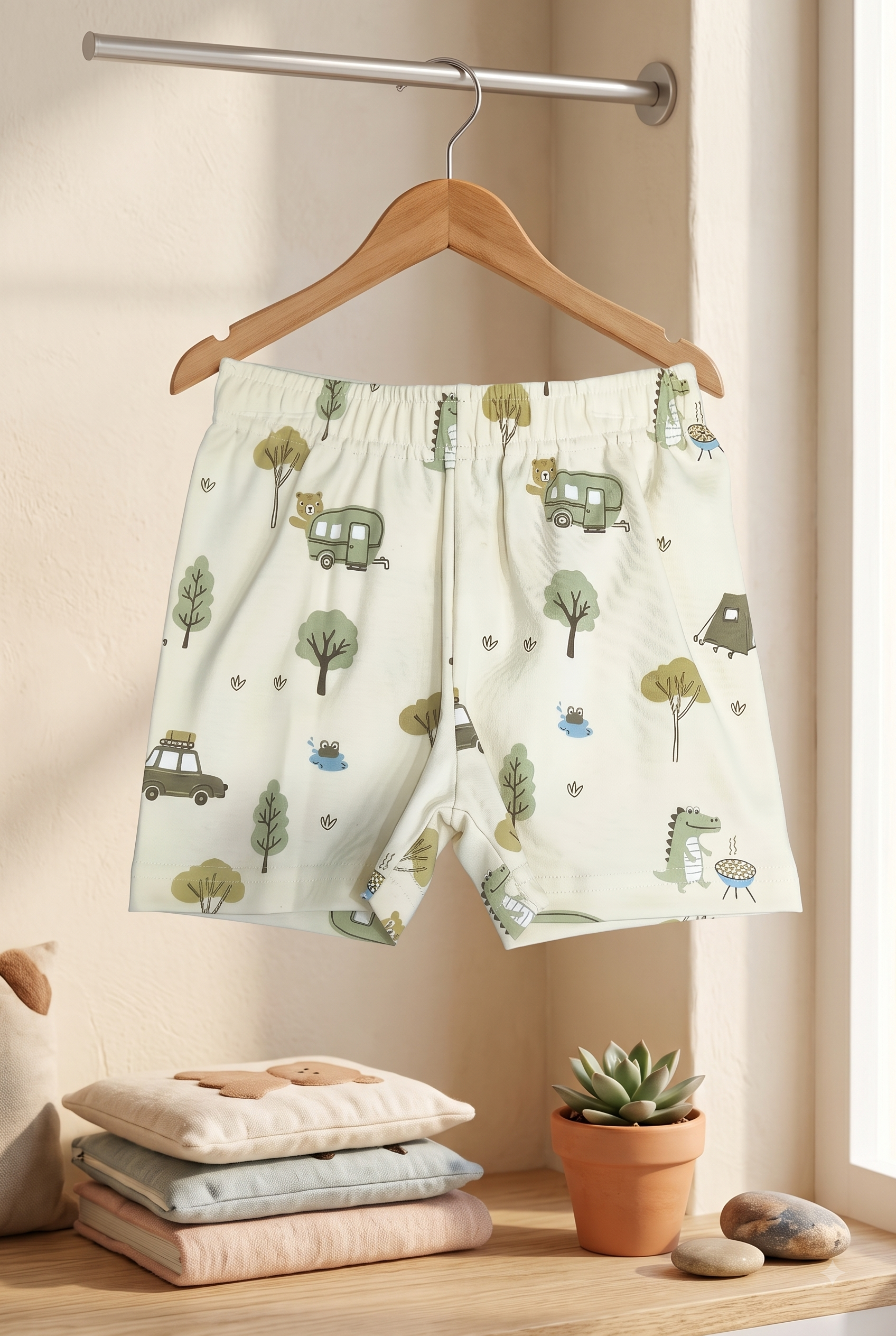 Boys Outdoor Camping Cars & Trees All Over Print 2-Piece Cotton T-Shirt and Bermuda Shorts Set — Cream / Olive Green | Yokidz