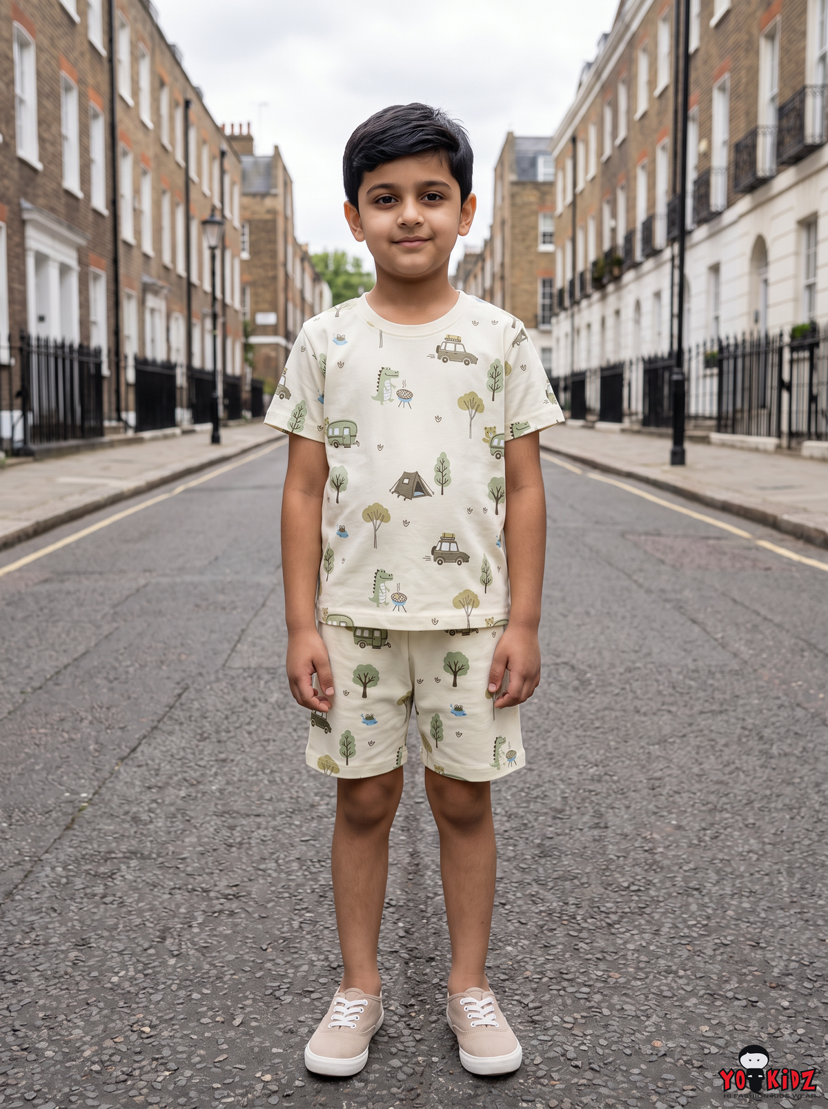 Boys Outdoor Camping Cars & Trees All Over Print 2-Piece Cotton T-Shirt and Bermuda Shorts Set — Cream / Olive Green | Yokidz