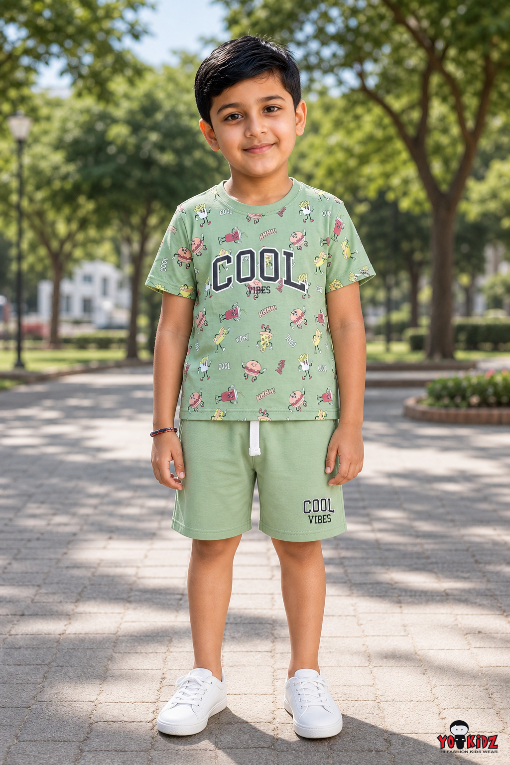 Boys Cool Vibes Graphic Print 2-Piece Cotton T-Shirt and Bermuda Shorts Set —  Olive | Yokidz