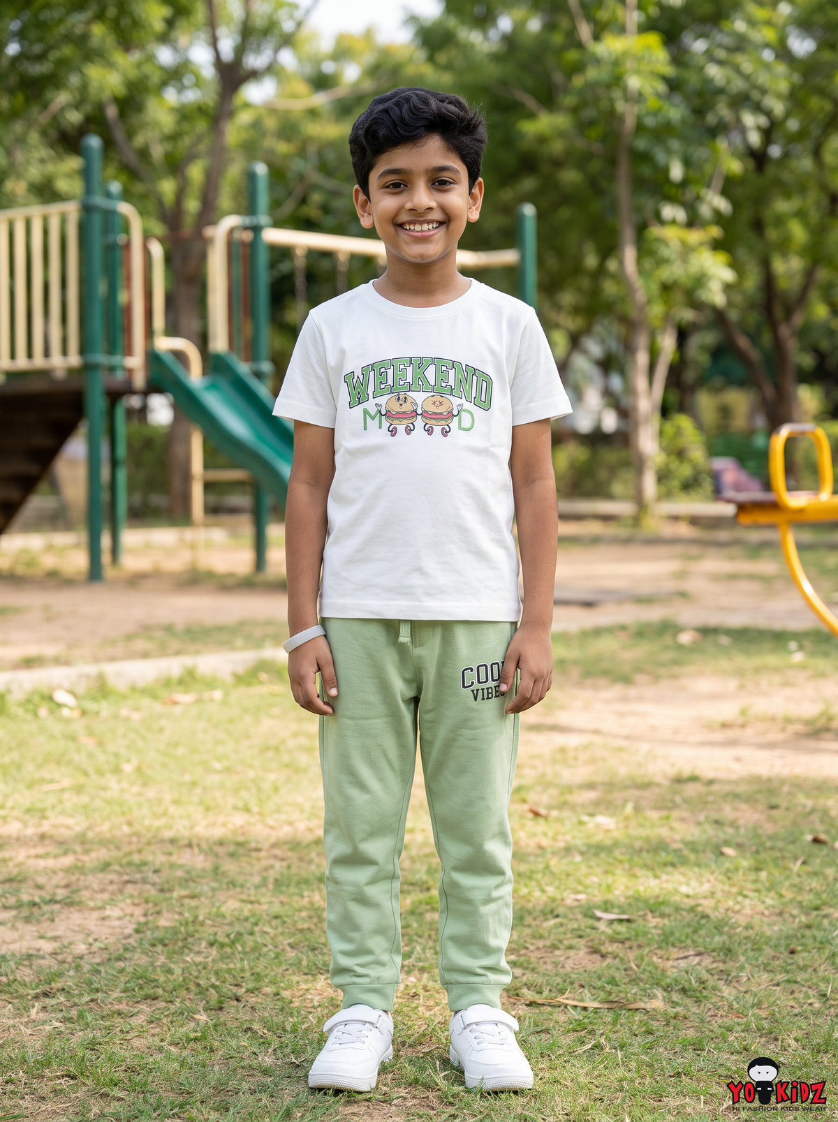 Boys Weekend Mood & Cool Vibes Graphic Print 2-Piece Cotton T-Shirt and Pyjama Set — White / Sage Green | Yokidz